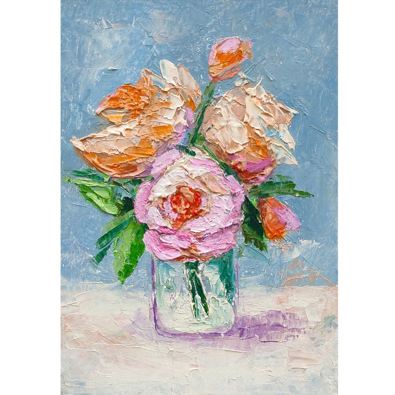 Bouquet Painting Original, Pink Floral Wall Art, Flower Still Life Small Artwork - 海報/掛畫/掛布 - 其他材質 多色