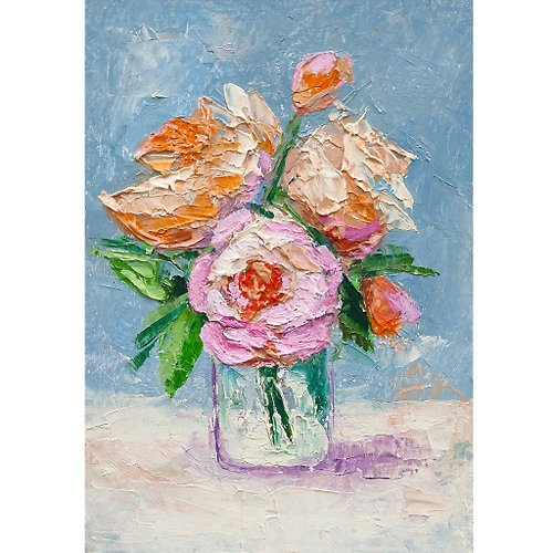 ColoredCatsArt Bouquet Painting Original, Pink Floral Wall Art, Flower Still Life Small Artwork