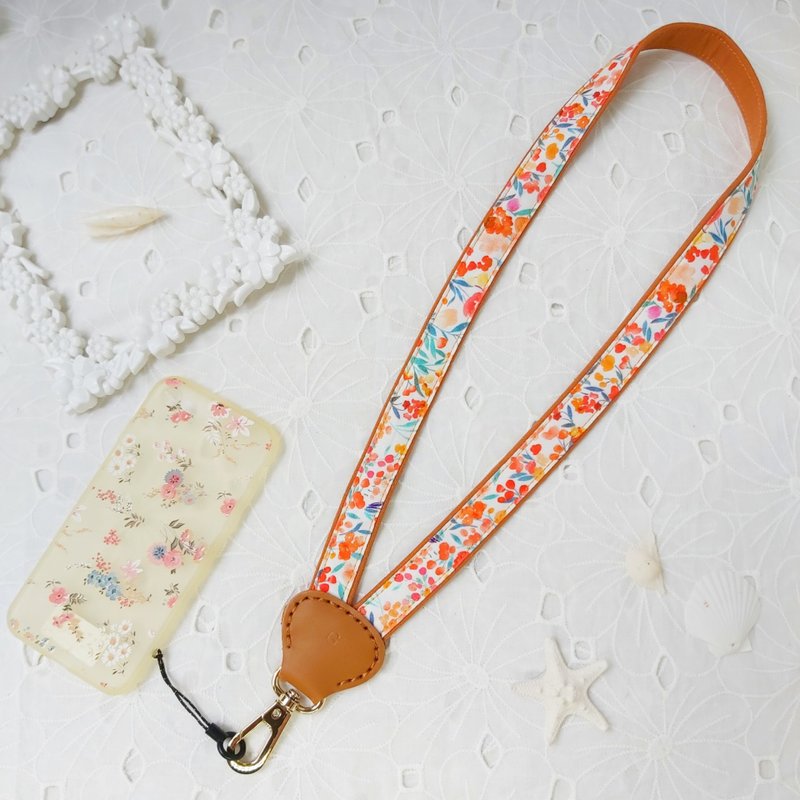 Orange Y-shaped decompression two-color Korean fabric leather mobile phone neck lanyard - Lanyards & Straps - Cotton & Hemp Orange