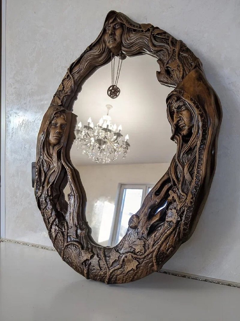 ヘカテの鏡、占術の鏡、木彫りの壁鏡、魔女の祭壇タイル - ウォールデコ・壁紙 - 木製 ブラウン