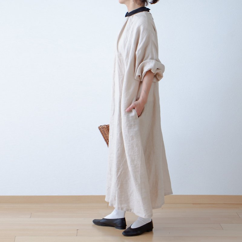 Cleric Collar is elegant and mature cute back walnut button volume sleeves French Linen A-line dress / beige cleric - One Piece Dresses - Cotton & Hemp Brown
