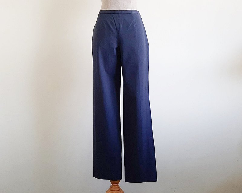 XS Small Vintage Navy Blue Cotton Pants Womens Straight Leg Trousers Plain Pants - 男長褲/休閒褲 - 棉．麻 藍色