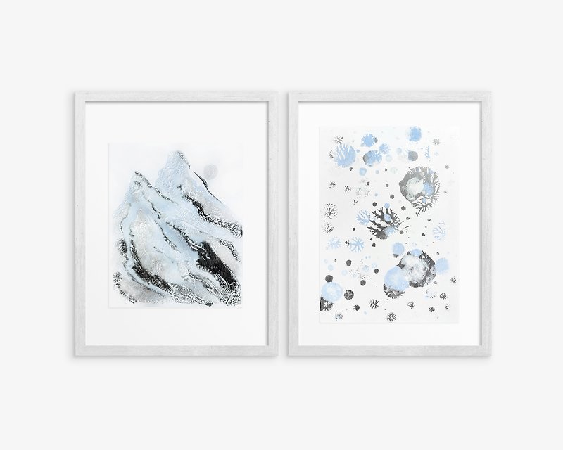 Gallery wall set of 2 Monotype prints Abstract mountains and snow Winter art - 海報/掛畫/掛布 - 紙 藍色