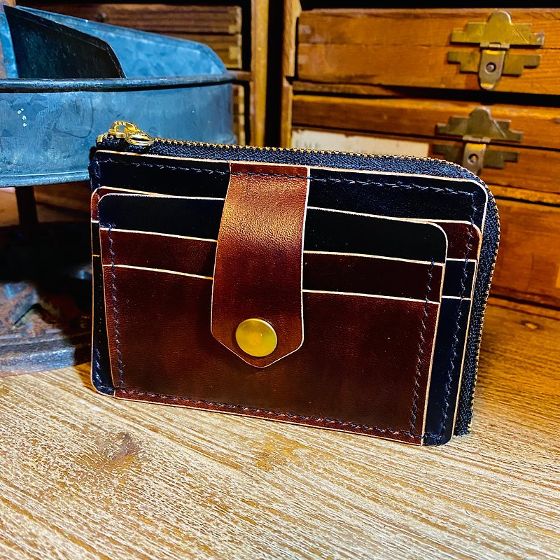 [Coin Purse] Multi-card layer coin purse/Italian vegetable tanned leather/Japanese hardware Bronze/Japanese YKK zipper - กระเป๋าสตางค์ - หนังแท้ 