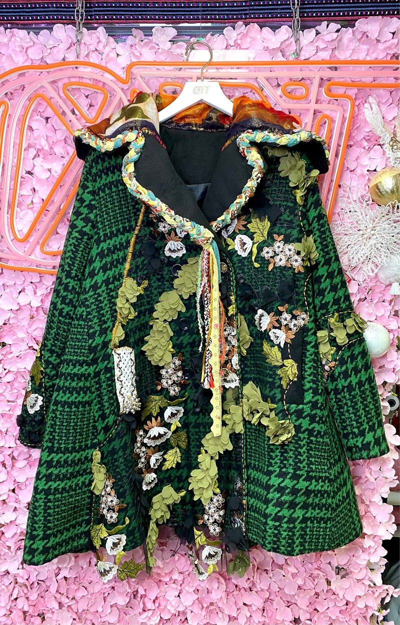 OTT獨一無二•Unique綠色千鳥格絨Tweed刺繡手編大褸外套 - 女西裝外套 - 羊毛 綠色