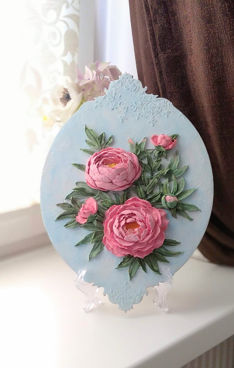 牡丹畫 Painting with coral peonies Peonies painting Floral painting Peony wall art - 壁貼/牆壁裝飾 - 其他材質 粉紅色