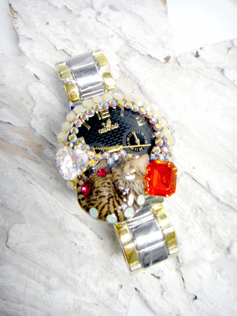 TIMBEE LO 貓咪水晶裝飾手錶 手工製 可客製化 猫咪 - 女裝錶 - 其他金屬 卡其色