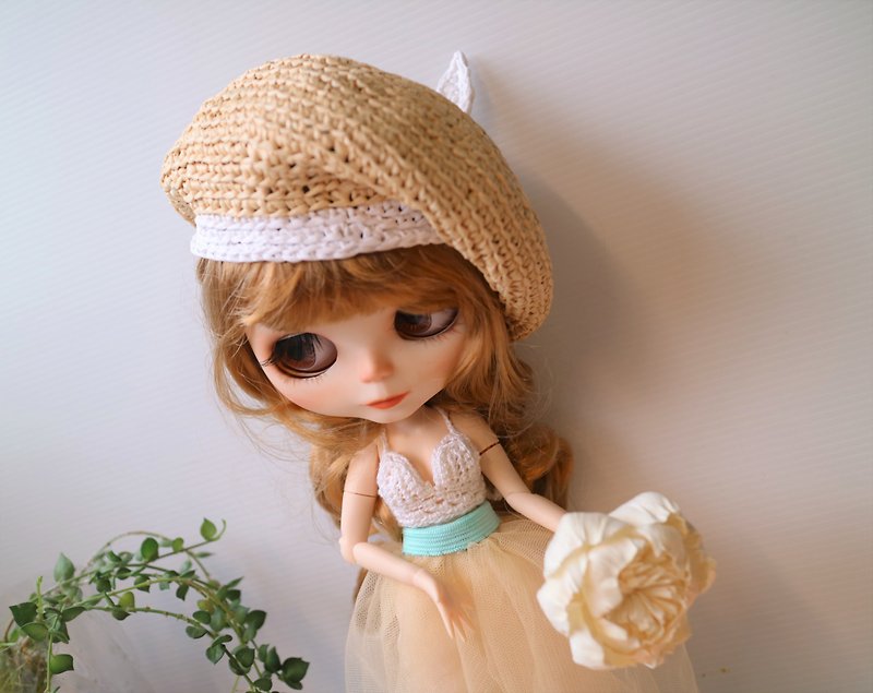 crochet stylish outfit set for Blythe or BJD 4 pieces in a set white brim beret - ตุ๊กตา - ไฟเบอร์อื่นๆ สีกากี