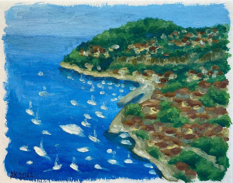 French Coastline oil painting, Monaco, nature, illustration, landscape, sea, art - ตกแต่งผนัง - วัสดุอื่นๆ สีน้ำเงิน