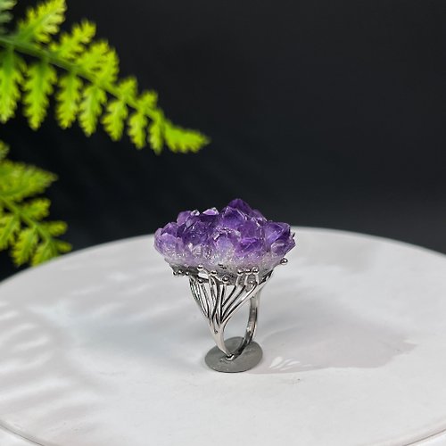 WANZAMGOK 深色紫水晶原石活口戒指 閃片晶簇標本紫色水晶手工指環 S925銀