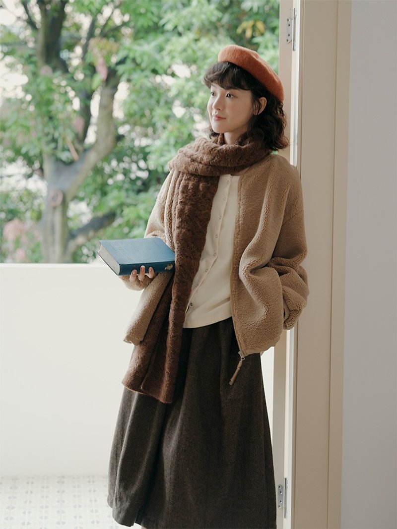 Lamb wool coat, round neck, mixed style, solid color casual top for autumn and winter - เสื้อแจ็คเก็ต - ขนแกะ สีนำ้ตาล