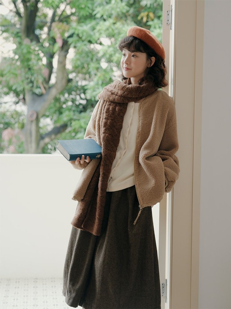 羊羔毛外套 圓領日雜感穿搭風格 純色休閒上衣 秋冬 - 女大衣/外套 - 羊毛 咖啡色