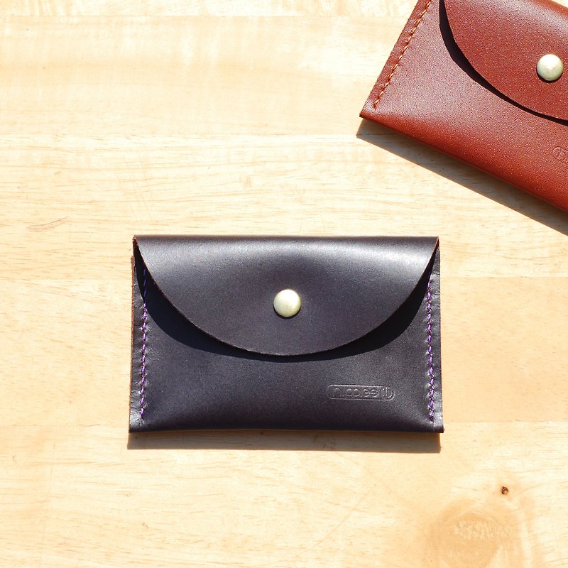 Handy business card holder / coin purse-round leather hand stitched (dark red) - Card Holders & Cases - Genuine Leather Red