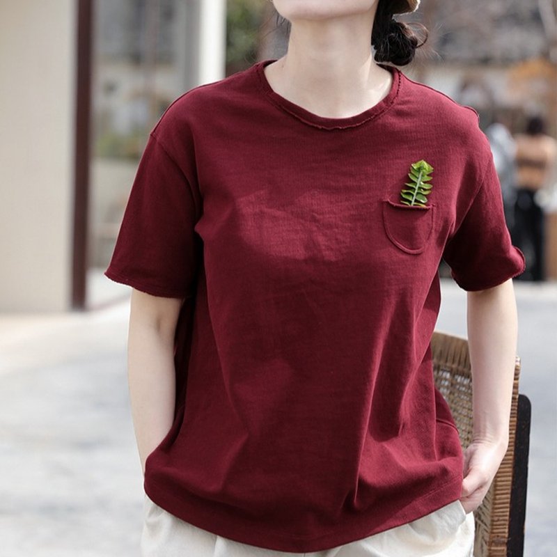 Cotton red dry cloth round neck loose pullover T-shirt - Women's T-Shirts - Cotton & Hemp 