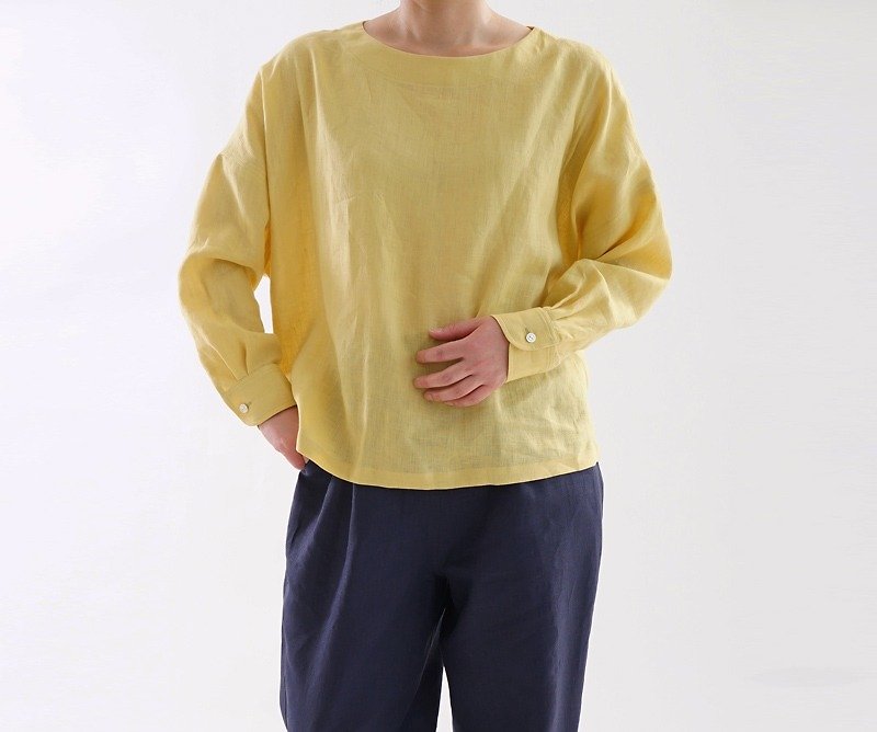リトアニアリネン カフスシャツ袖のドロップショルダー トップス/シャルトルーズイエロー t002a-sye1 - 女裝 上衣 - 棉．麻 黃色