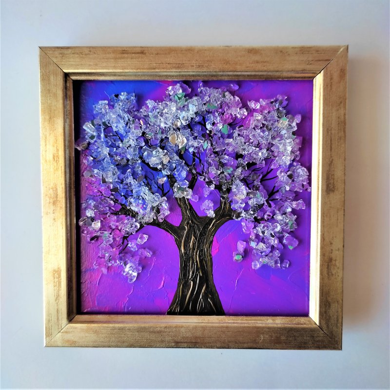 Tree of Life Miniature Small Hanging Painting Brilliant Painting wall decoration - 壁貼/牆壁裝飾 - 壓克力 紫色