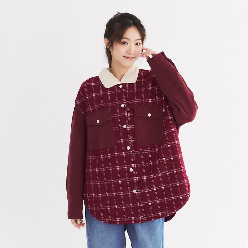 【Simply Yours】Checked knitted patchwork jacket.Red F - Women's Sweaters - Other Materials Red
