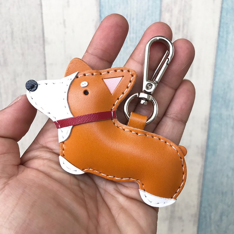 Handmade leather orange keki dog hand-stitched leather keychain small size - Keychains - Genuine Leather Orange