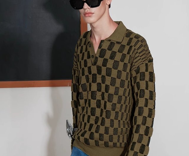 Japanese retro checkerboard long-sleeved knitted sweater - Shop