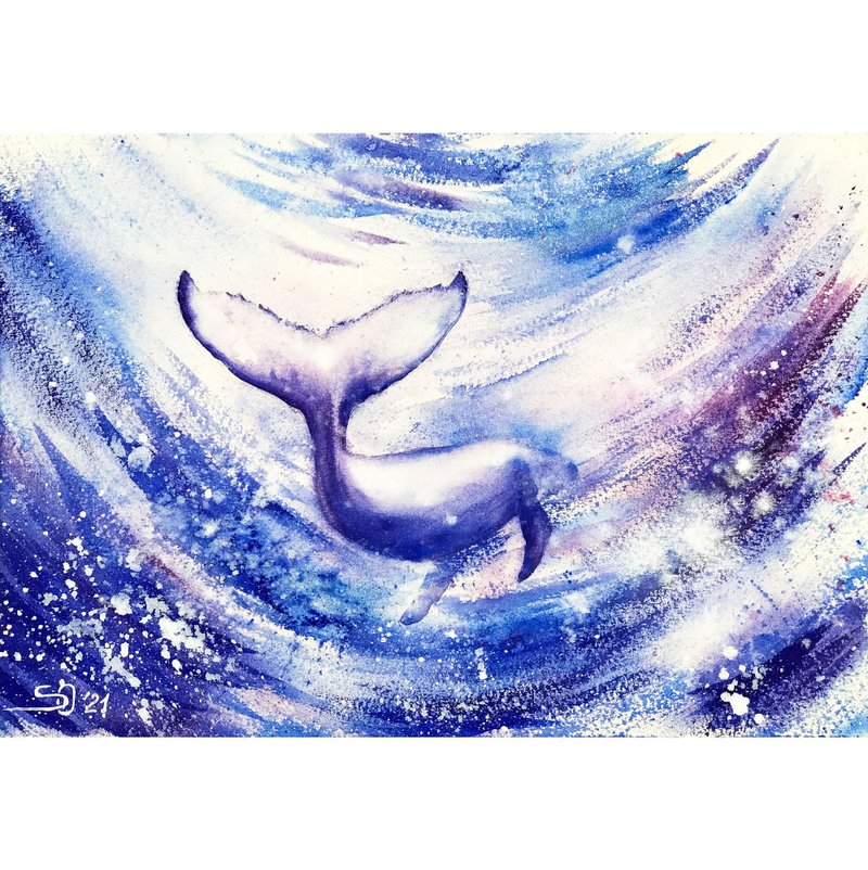 Whale Painting Hawaii Original Art Animal Wall Art Watercolor Artwork Ocean Art - 海報/掛畫/掛布 - 紙 藍色