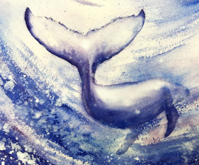 クジラとハワイの海 絵画 イラスト画 自作絵 - 絵画