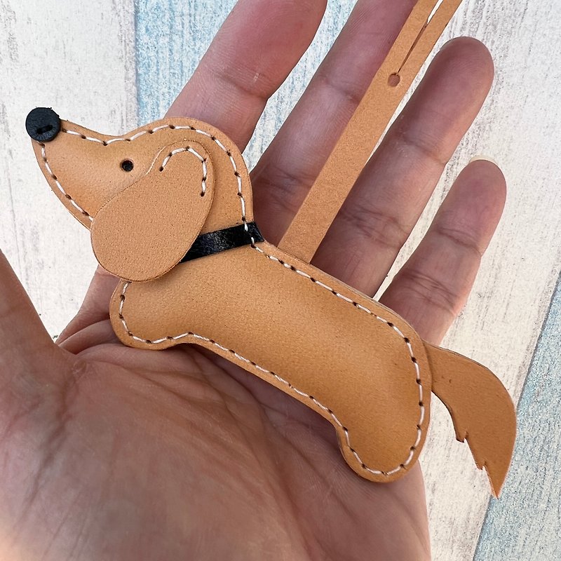 Healing things Khaki cute dachshund pure hand-stitched leather pendant small size - Charms - Genuine Leather Orange