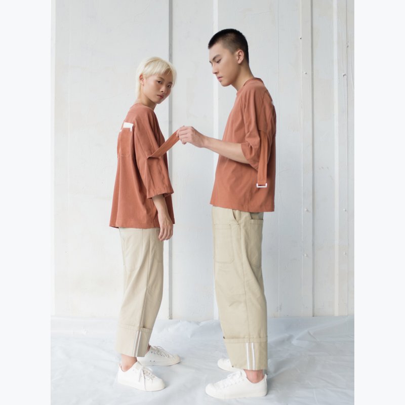 rin GROW 可以變成,半身圍裙的上衣 - 磚色 TEE TOP T-SHIRT - 帽T/大學T - 棉．麻 橘色