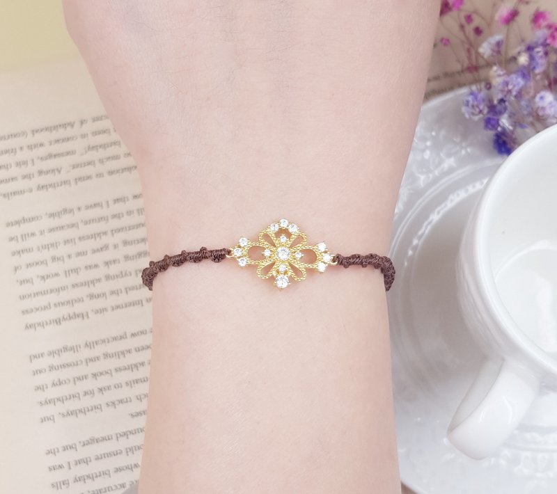 Happiness line braided gold floral ornament diamond bracelet coffee spiral classical palace handmade - สร้อยข้อมือ - เส้นใยสังเคราะห์ สีนำ้ตาล