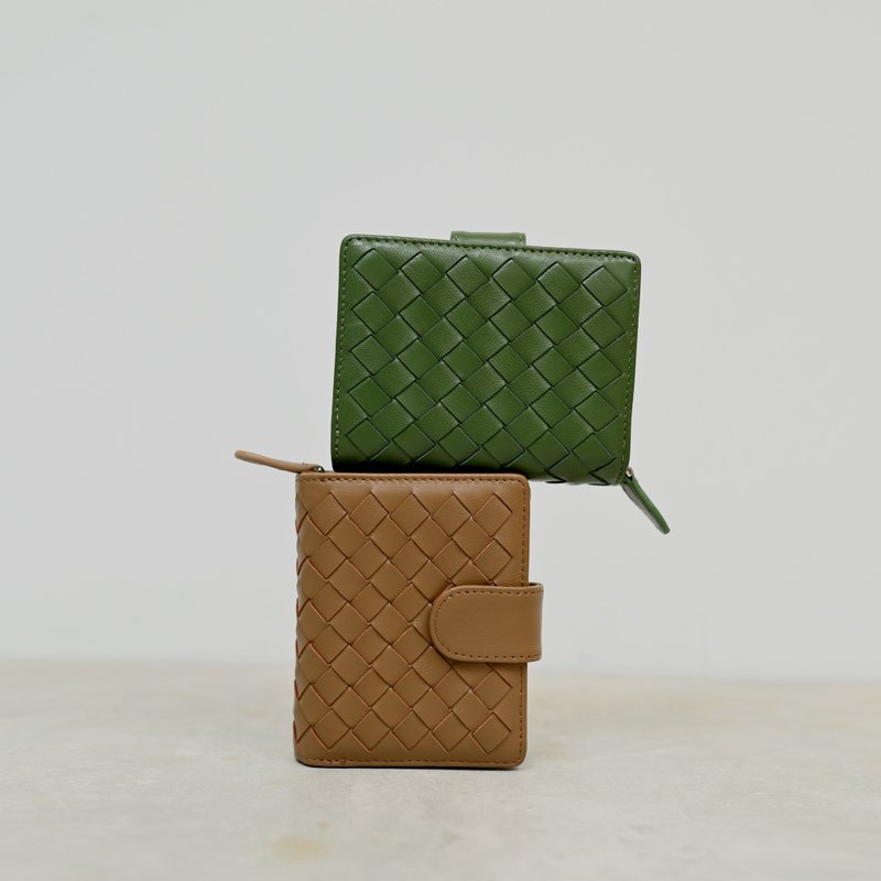 多空間收納-羊皮編織短夾-綠色 - 錢包/皮夾/長短夾 - 真皮 綠色