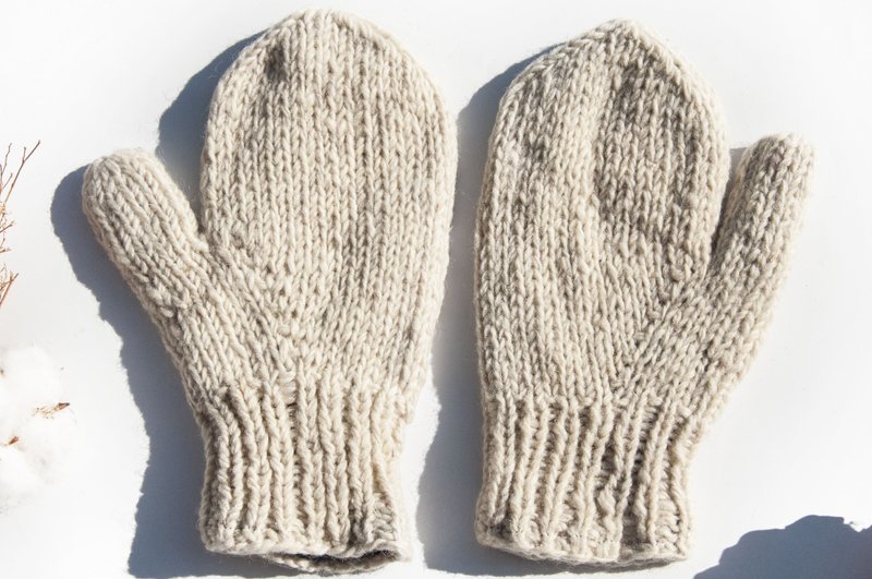 手織純羊毛針織手套 鉤織手套 內刷毛手套 保暖手套 聖誕禮物-白 - 手套 - 羊毛 白色