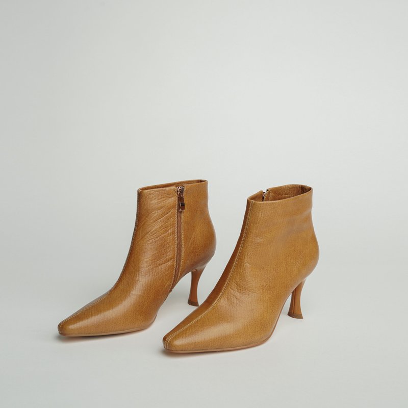 Line striped road pointed stiletto boots camel - รองเท้าบูทสั้นผู้หญิง - หนังแท้ สีส้ม