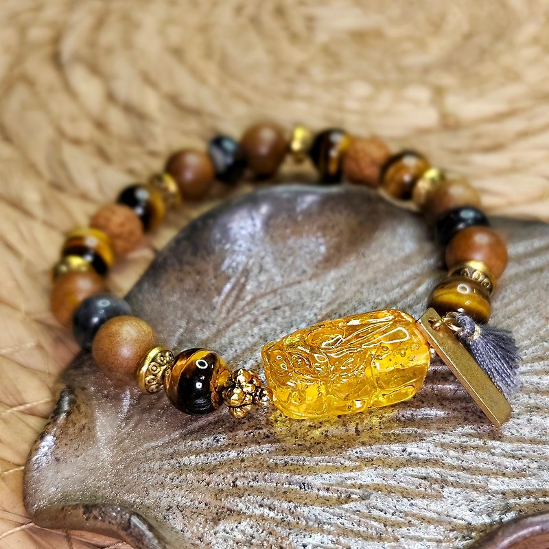Wealth beast bracelet | Amber Wax Pixiu | Yellow Stone| Golden nanmu | Black agate | - Bracelets - Crystal 