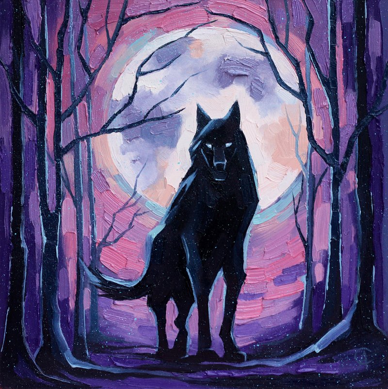 Wolf Painting Fairytale Original Art Fantasy Artwork Dark Wall Decor - Posters - Other Materials Purple