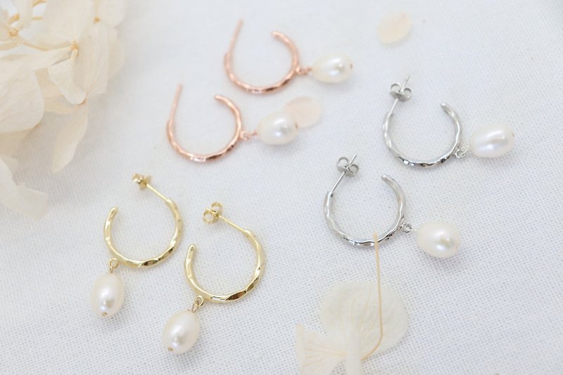 Hammered Quarter Hoop Freshwater Pearl Dangle Earrings, Dainty Oval Pearl Dangle - Earrings & Clip-ons - Sterling Silver 