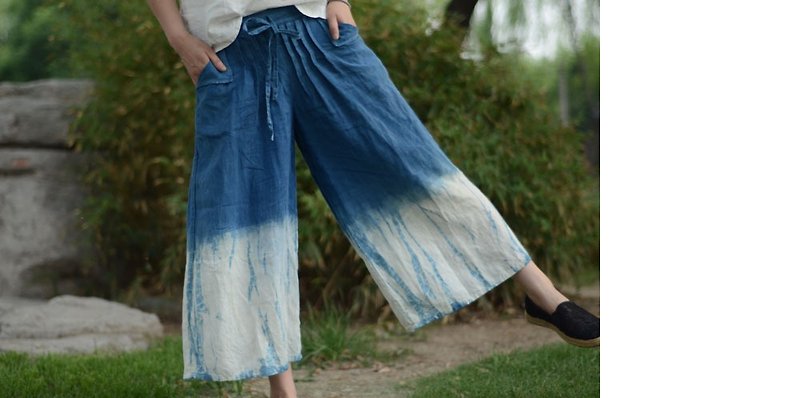 Plant blue dyed hand-dyed literary temperament wide-leg pants - กางเกงขายาว - ผ้าฝ้าย/ผ้าลินิน 