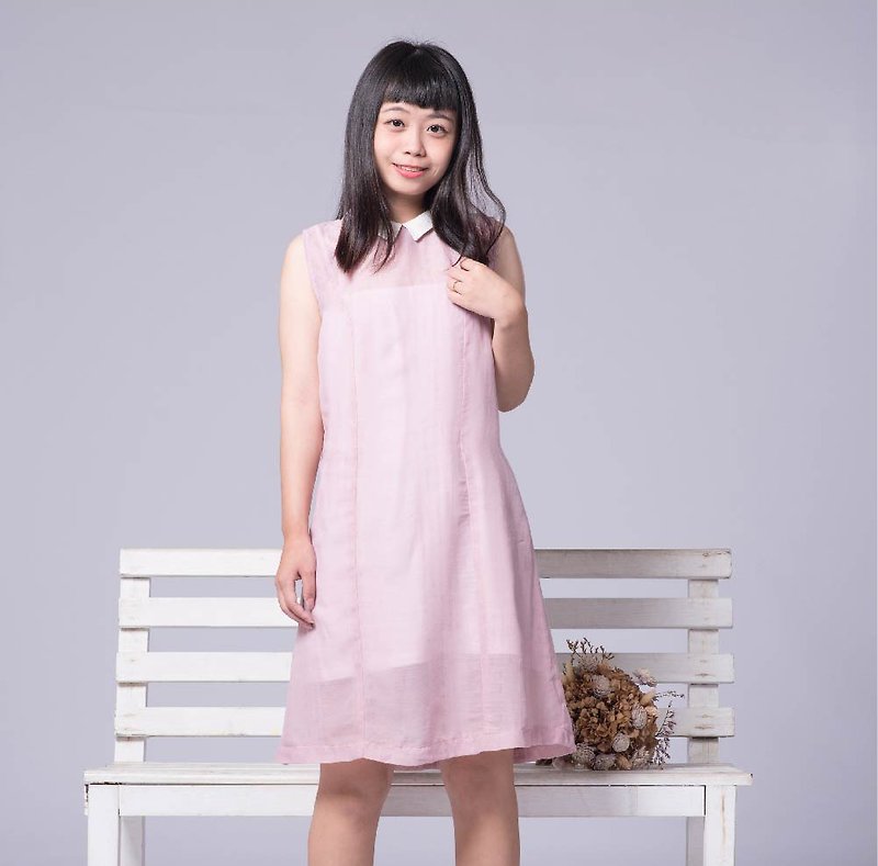 小白領A字洋裝 無袖 長上衣  粉紫 - 連身裙 - 聚酯纖維 粉紅色