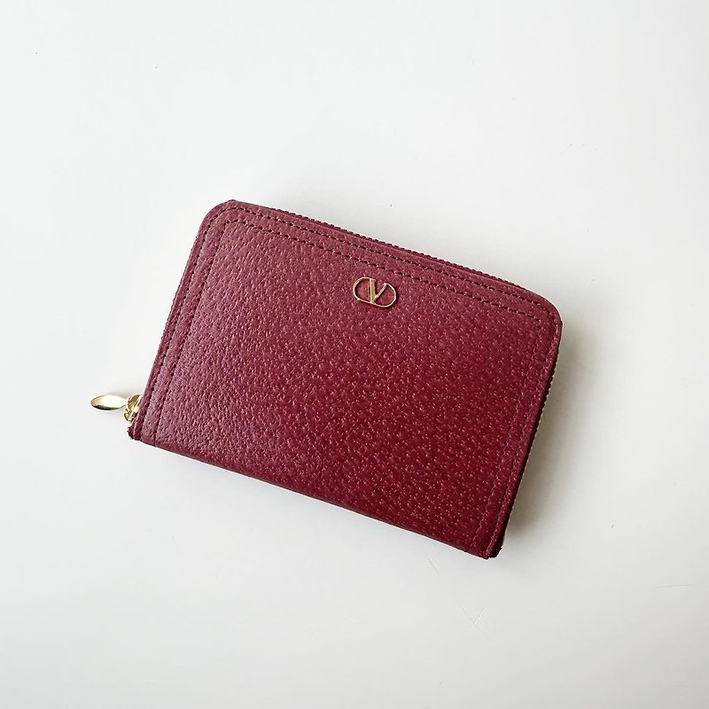 Old Bones VALENTINO GARAVANI wine red dolphin leather zipper small wallet B58 vintage - Coin Purses - Genuine Leather 