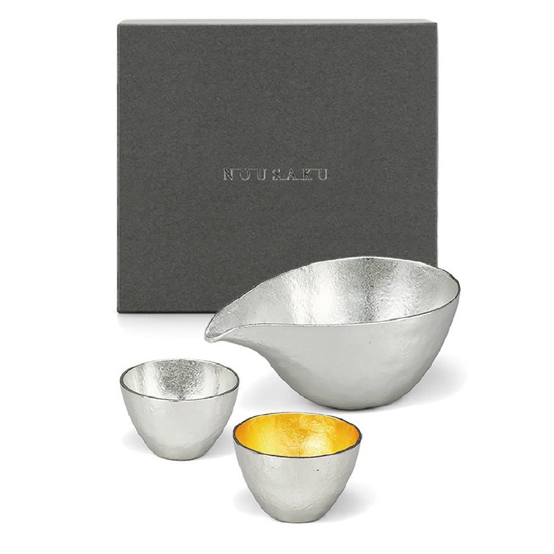 Sake Pitcher - L + Sake Cup (tin & gold) in Paper Box - Bar Glasses & Drinkware - Precious Metals Silver