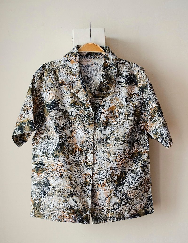 油墨噪音古本山水畫圖案大地色短袖夏威夷襯衫 | vintage莞洱古著 - 女襯衫 - 聚酯纖維 