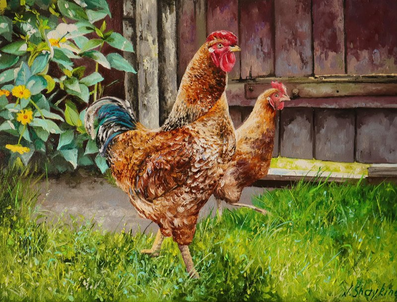 Rooster and Chicken Original Oil Painting on Canvas, Farm Wall Art - 壁貼/牆壁裝飾 - 其他材質 多色