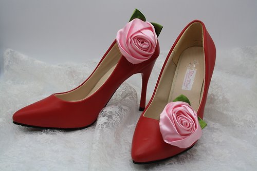 miss virgo cute 婚鞋 粉紅玫瑰花鞋飾 鞋夾飾品 高跟鞋 宴會派對