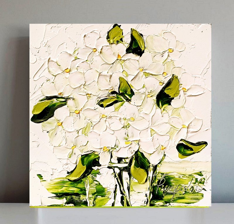 Hydrangea Painting Peony Original Art Floral Oil Painting Flowers Small Wall Art - 壁貼/牆壁裝飾 - 其他材質 白色