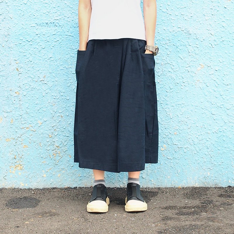 Maverick Village handmade cotton and linen pocket trousers wide pants [black blue Kanagawa] C-15 sold out does not make up - กางเกงขายาว - ผ้าฝ้าย/ผ้าลินิน สีน้ำเงิน