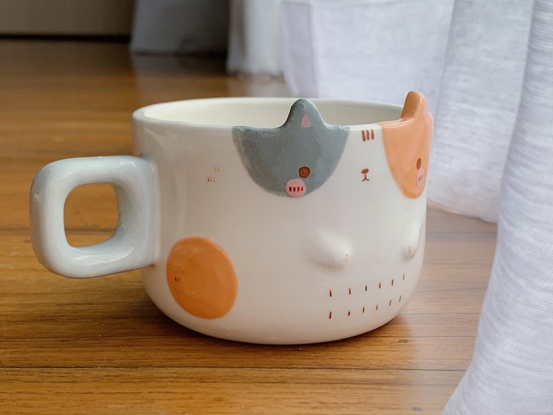 Cat cup , coffee cup , morning cup, cute character cup , cat dots - Plants - Pottery Pink