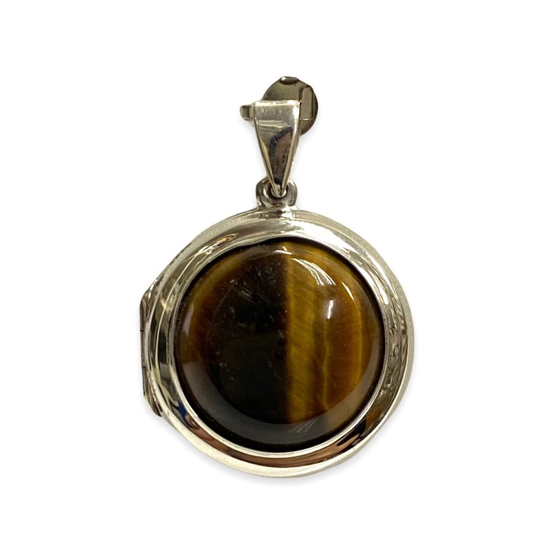 925 Sterling Silver Circle Locket Pendant Family Photo with Tiger Eye Stone - 項鍊 - 純銀 咖啡色