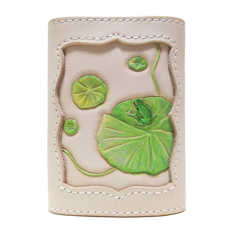 marie / Marie genuine leather leather key case / frog and lotus leaf / hand dyed / carving - ที่ห้อยกุญแจ - หนังแท้ สีเขียว