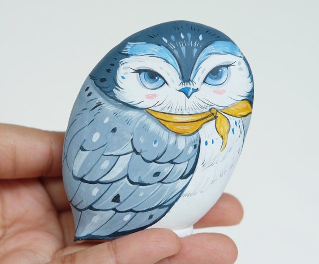 Grey Owl stone painting, Original art,Stone Art Paint by Acrylic