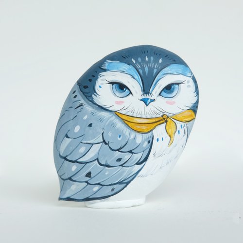 Snow owl stone painting, Stone 2024 Art Paint by Acrylic Colour, Unique.