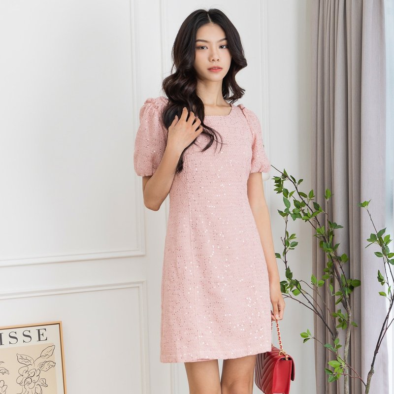 【MEDUSA】Puff Sleeves Sequin Knitted Dress - ชุดราตรี - เส้นใยสังเคราะห์ สึชมพู