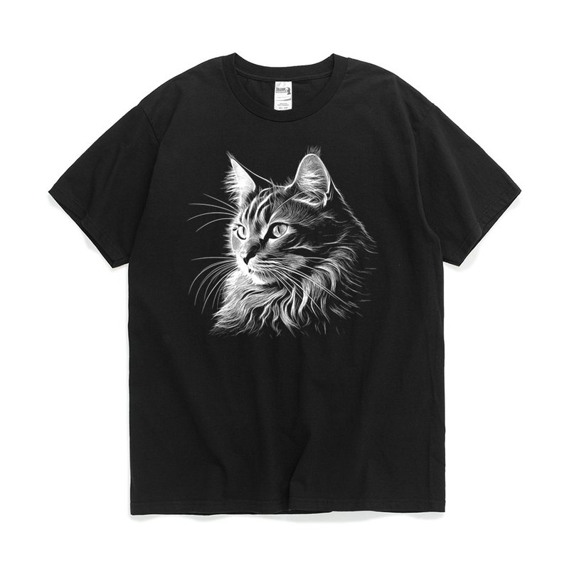 Cat's light and shadow series 1/Fanwu original design kitty cotton round neck printed men's and women's new T-shirts - Women's T-Shirts - Cotton & Hemp Black